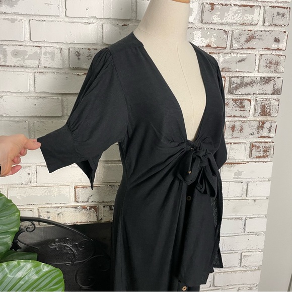 Free People Vintage Summer Plunge Neckline Tie Black Button Front Maxi Dress - Picture 5 of 13